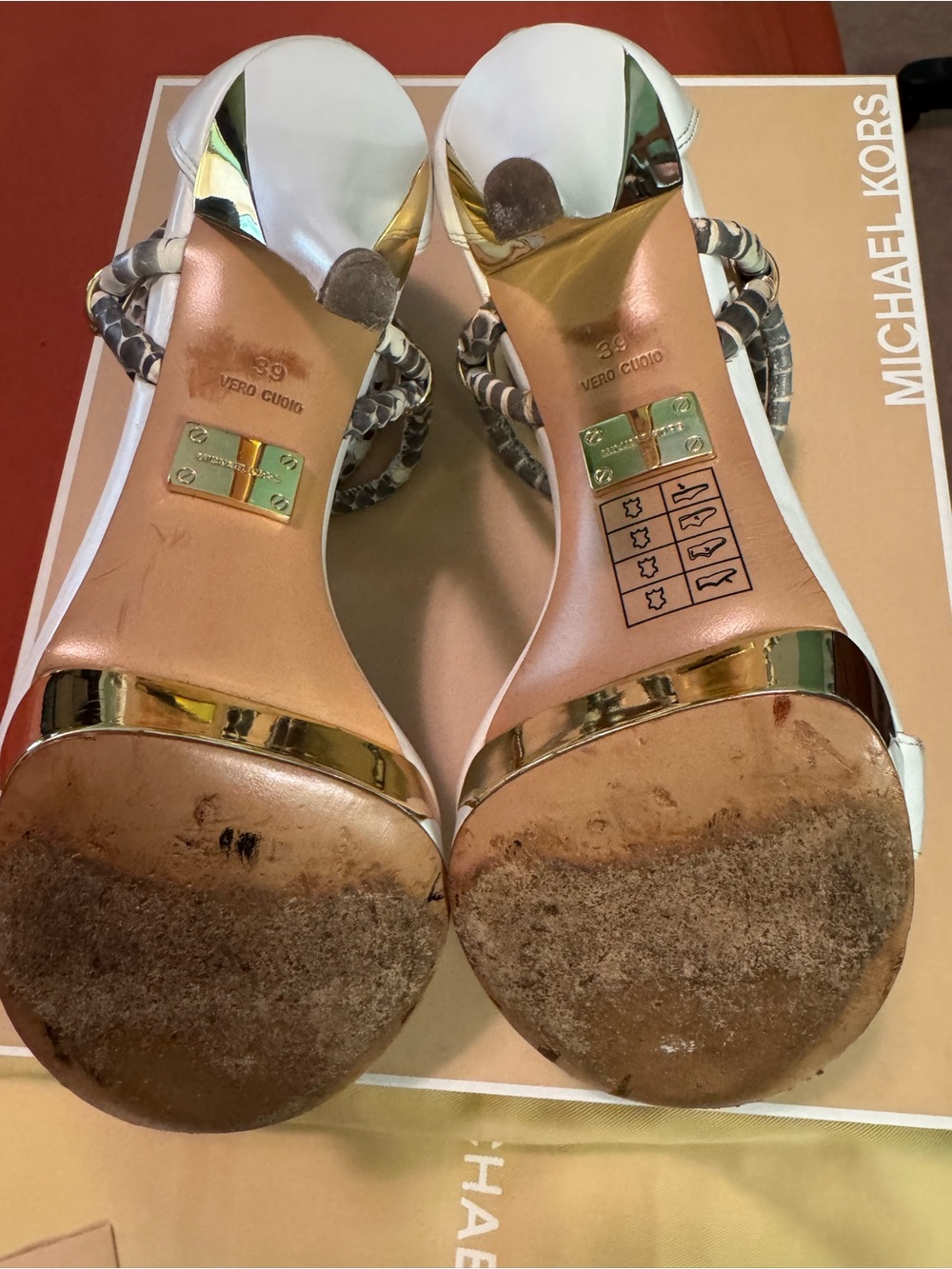 Michael Kors White Leather Heeled Sandals with Snake-Print Ankle Wrap - Picture 4 of 8